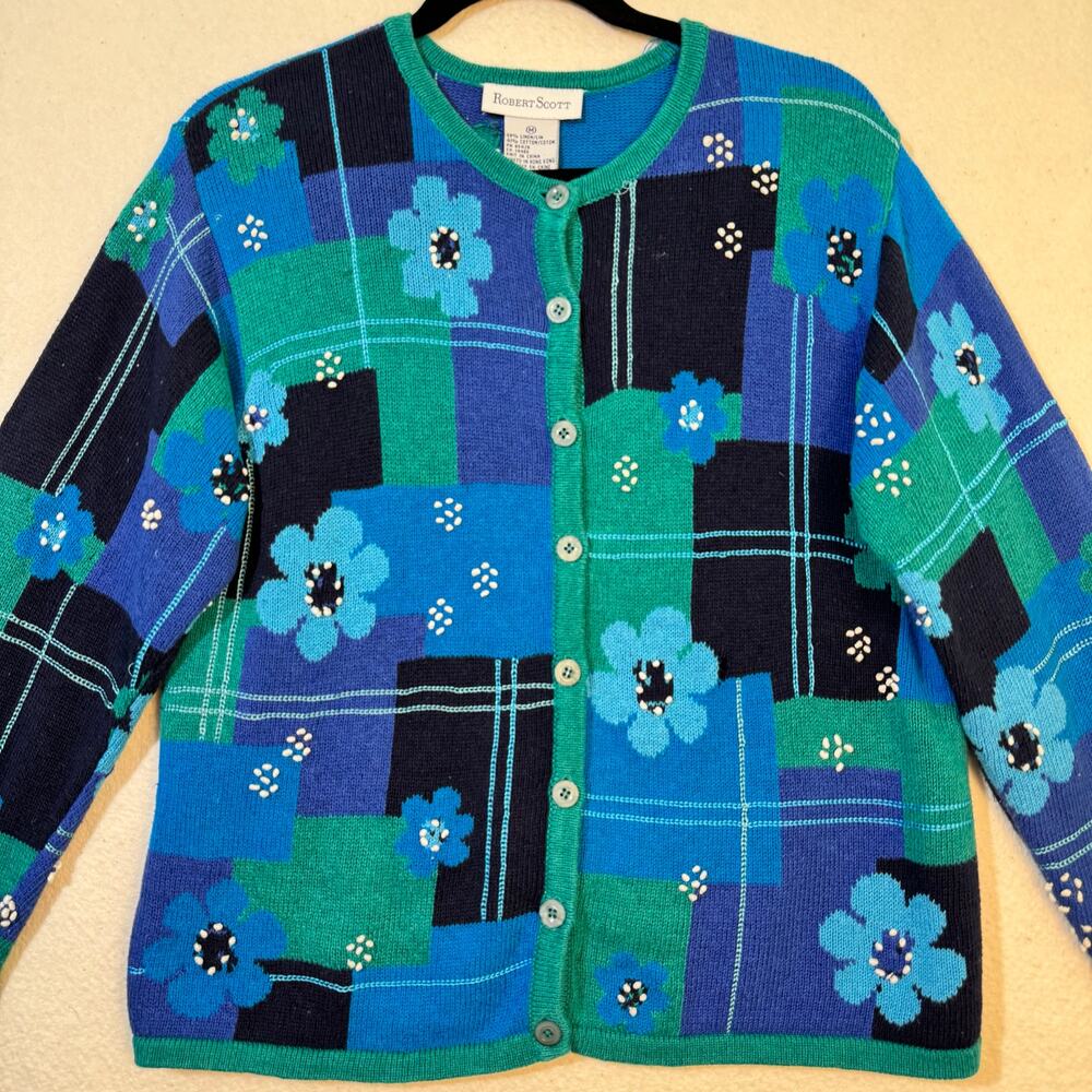 Robert Scott VTG Floral Patchwork Knitted Cotton Linen Cardigan Sweater Medium